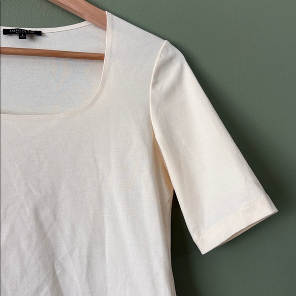 Lafayette 148 New York Cotton Square Neck Tee Beige Butter Yellow Top Sz S - Picture 4 of 7
